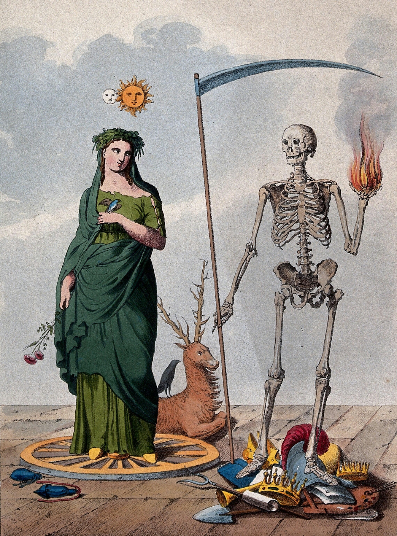 Colour illustration featuring two allegorical figures: a skeleton holding a scythe and a ball of fire stands next to a female figure in a green dress. She is holding a red flower in one hand, a bird perches on the other. The sun and moon are together in the sky above the woman's head. There is a stag with large antlers sitting on the floor behind the woman. There is a crow on the stag's back. The woman is standing on what looks like a wheel that's on its side. There are several items at the skeleton's feet including a shovel, a helmet, a crown and a brush.