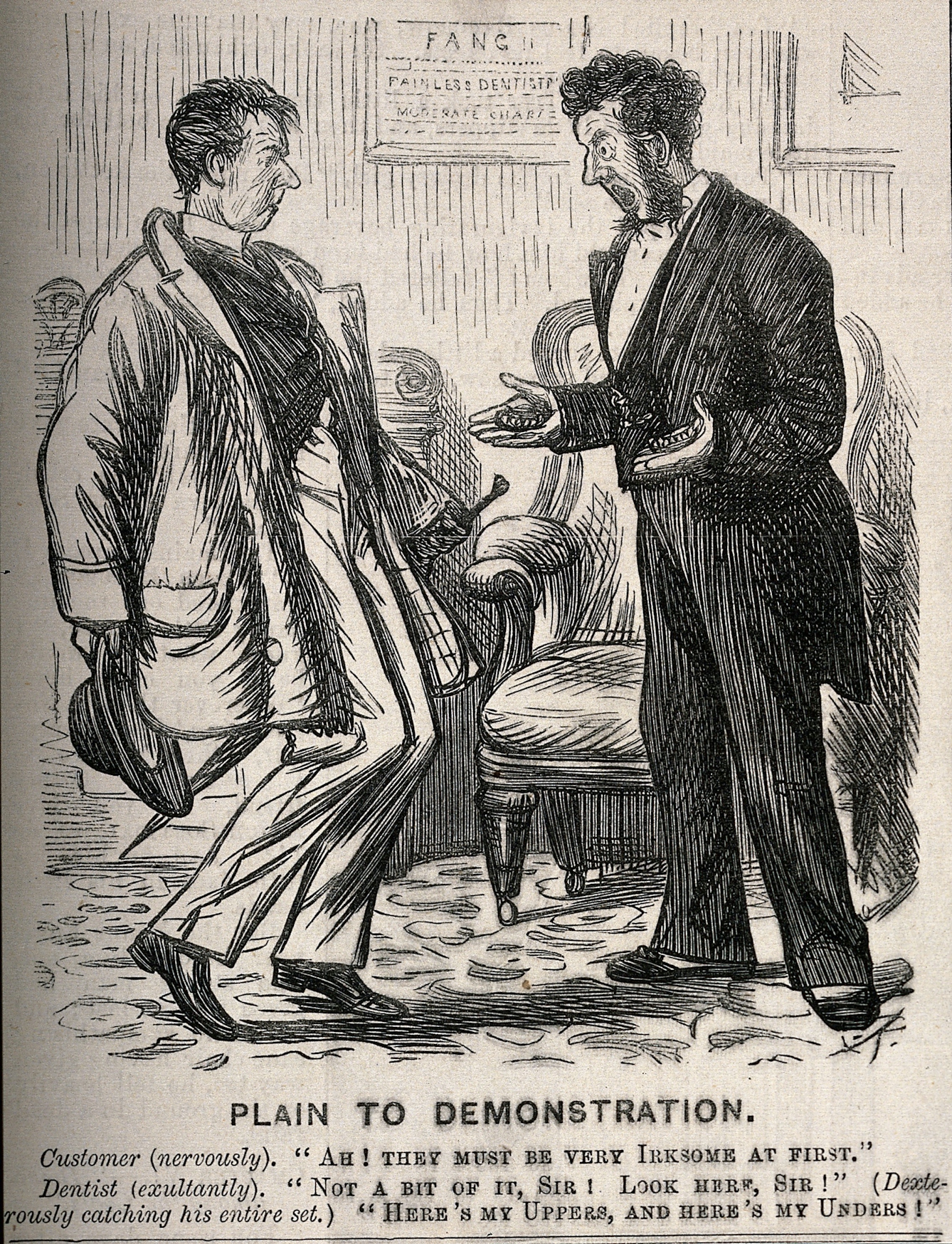 Black and white punch cartoon sketch depicting a man who nervously questions whether dentures are irksome, and his dentist who has taken out his dentures and is giving a demonstration of how much he likes them.