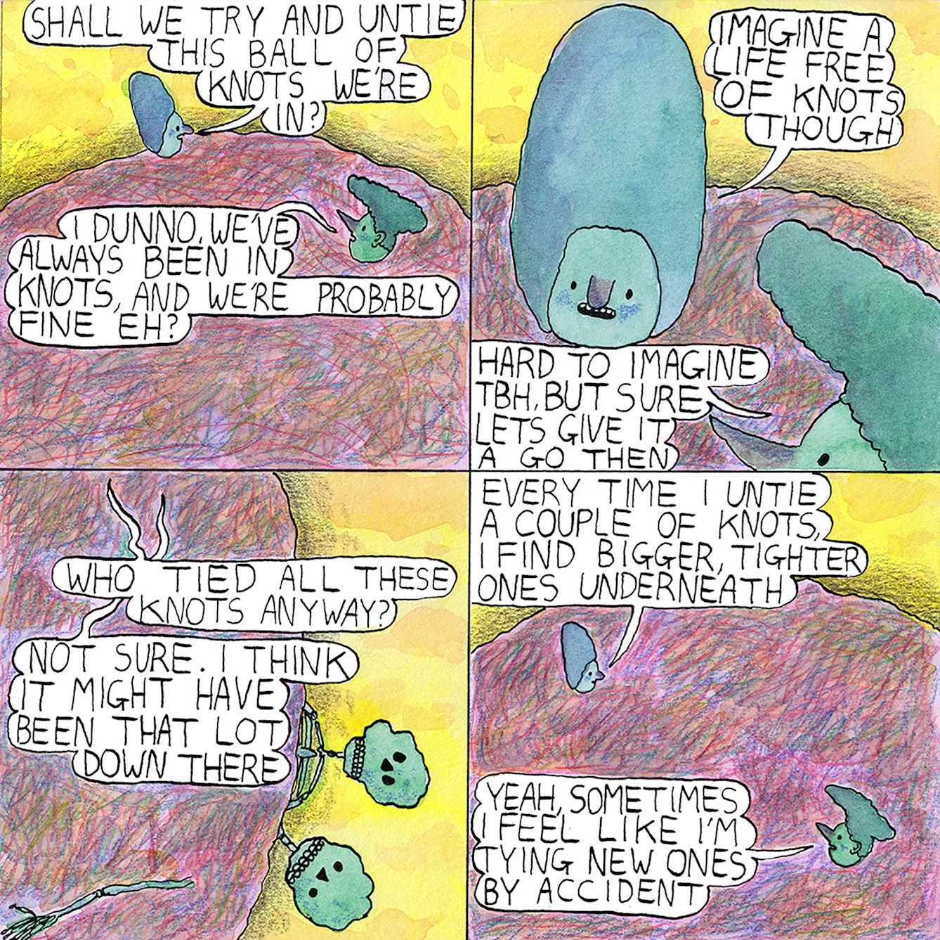 Knots comic by Rob Bidder with four frames. Two figures are depicted tangled in knots.