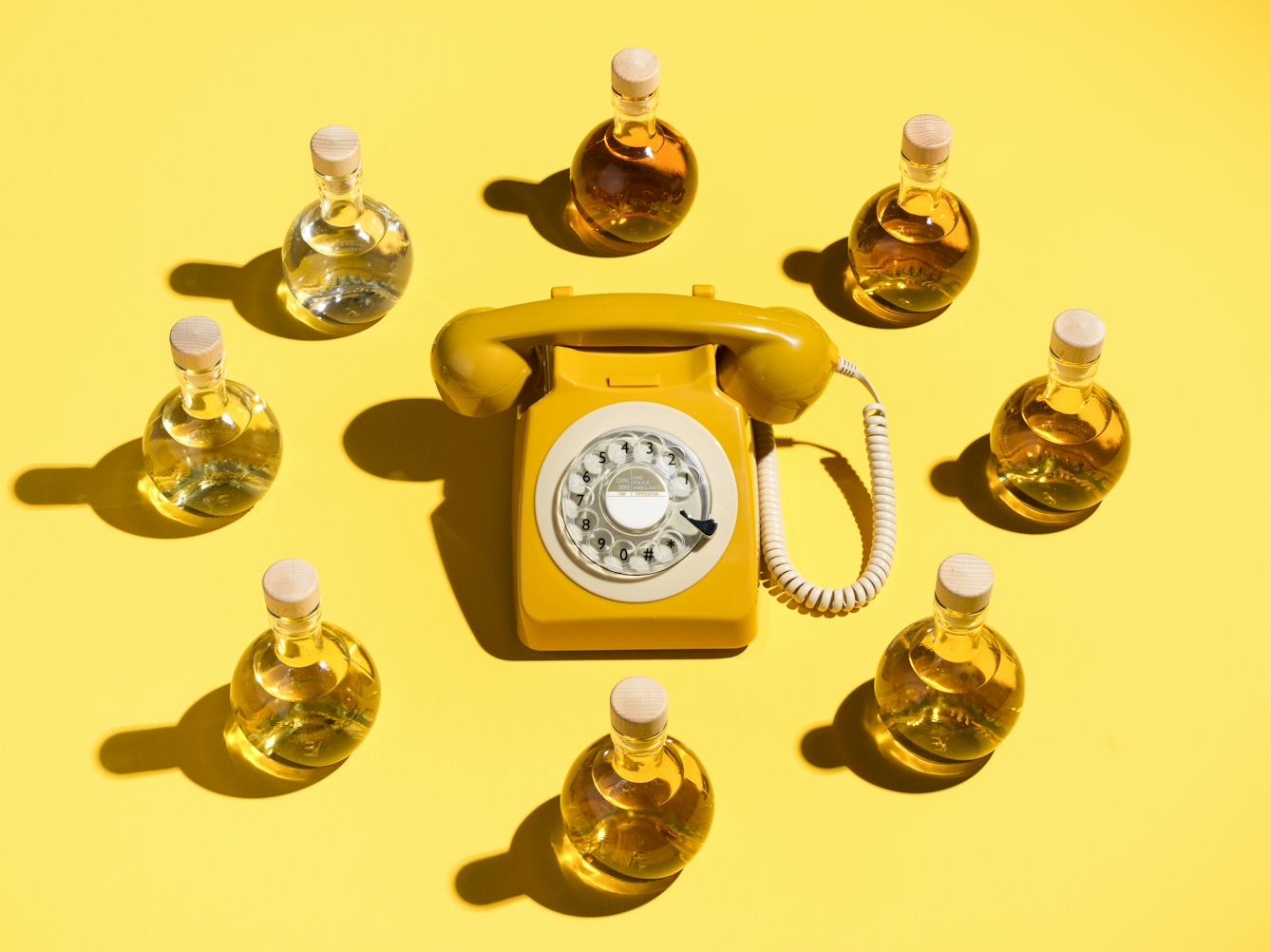 Photograph of a yellow rotary dial telephone surrounded in a circle by 8 specimen bottle containing a yellow liquid which get lighter in hue as you travel clockwise around the circle. The whole scene has been photographed against a bright solid yellow background.