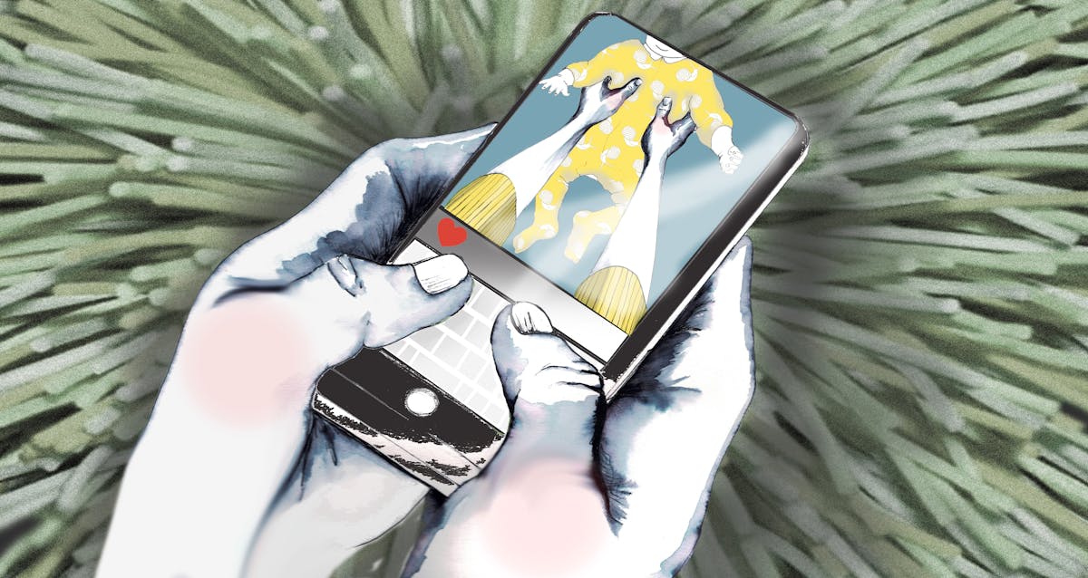 Photograph of a mixed media artwork incorporating photography, watercolour paint and ink sketching. There is a pair of hands holding a touchscreen smartphone and typing on the phone's keyboard with both thumbs. Displayed on the phone is an image of a pair of arms outstretched and holding up a baby who is wearing a yellow baby-grow. 