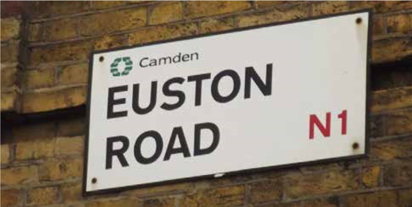 Rectangular white road sign for Euston Road in Camden, London N1, UK.