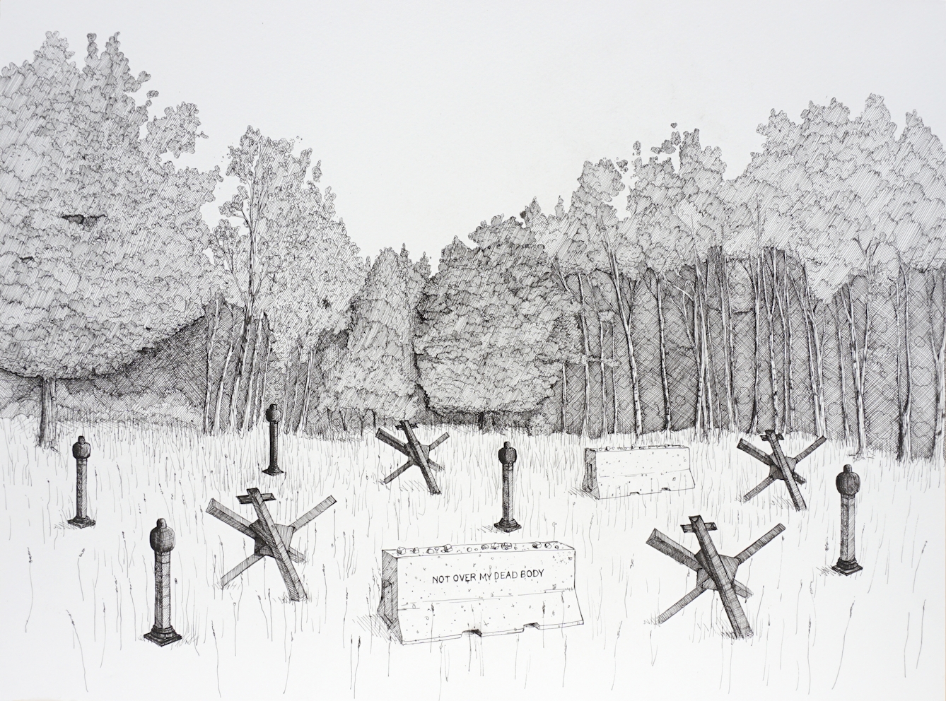 Pen and ink illustration on white textured paper. The illustration depicts a wooded scene in the background and a clearing in the foreground. in the foreground are several dark 3D forms which look like a cross between sea defences and tombstones. In the centre is a what looks like a concrete road barrier with the words, 'not over my dead body' inscribed on the side.