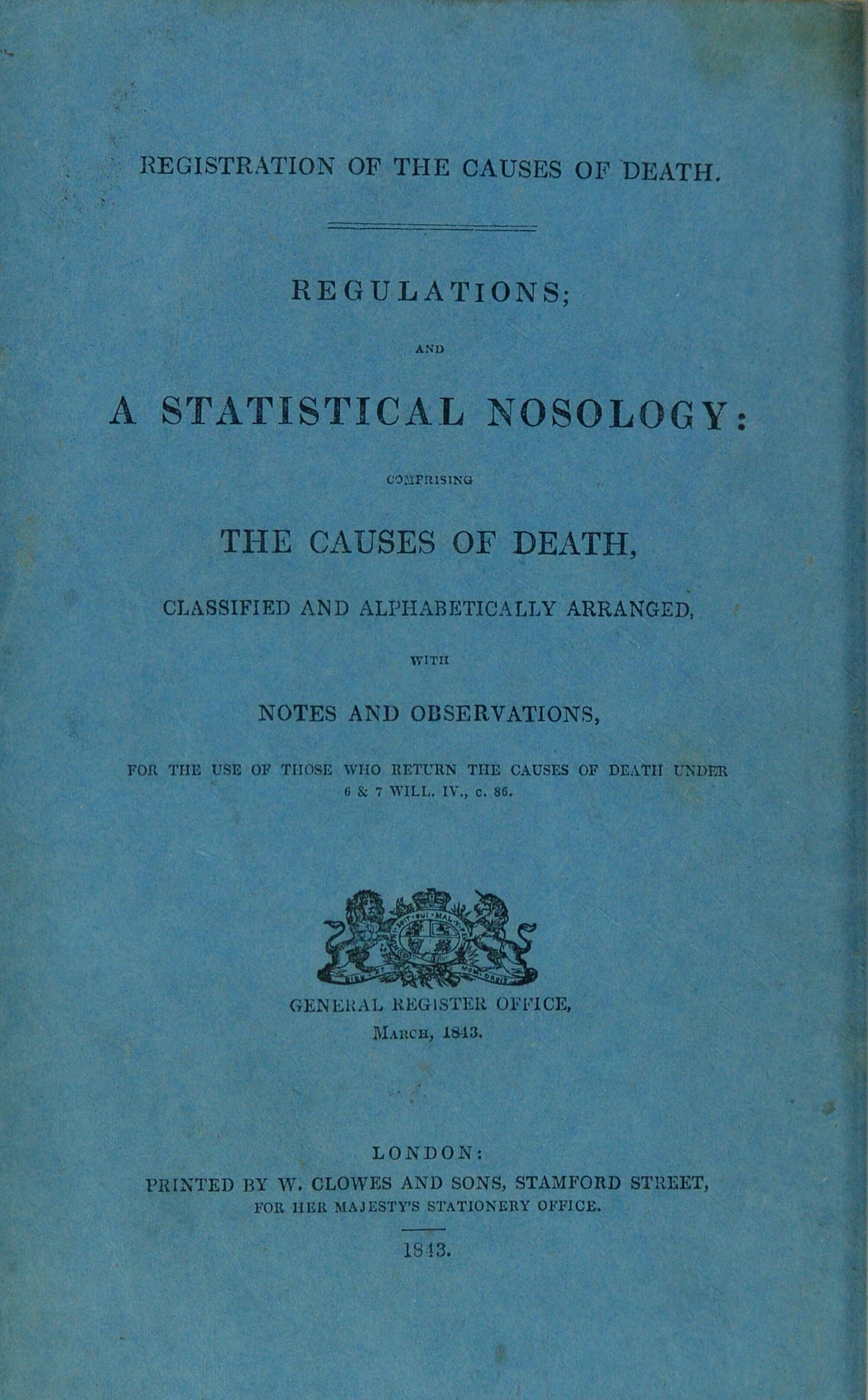 Blue printed cover of the booklet "Regulations and a statistical nosology: comprising the causes of death, classified and alphabetically arranged". It has the mark of the General Register Office. 