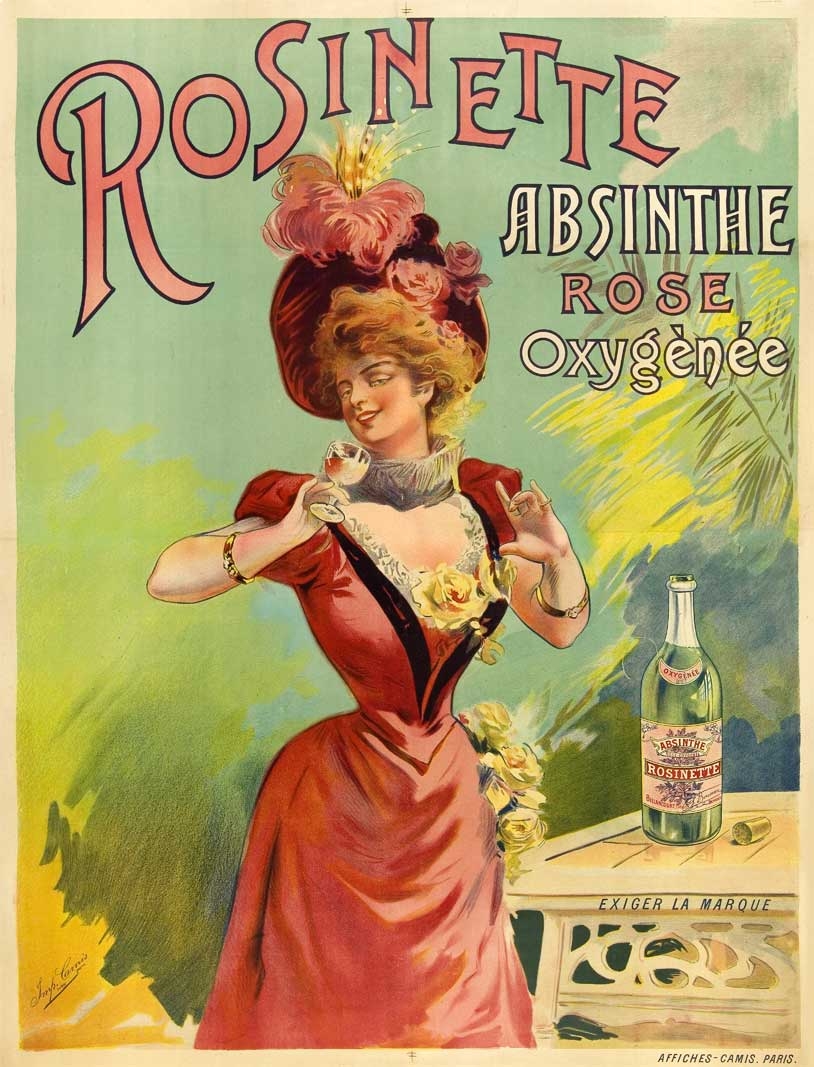 Poster showing a woman in a pink dress and large pink hat holding a glass in one hand, as if about to drink. On a table to one side is a large, uncorked bottle with Absinthe Rosinette written on the label.