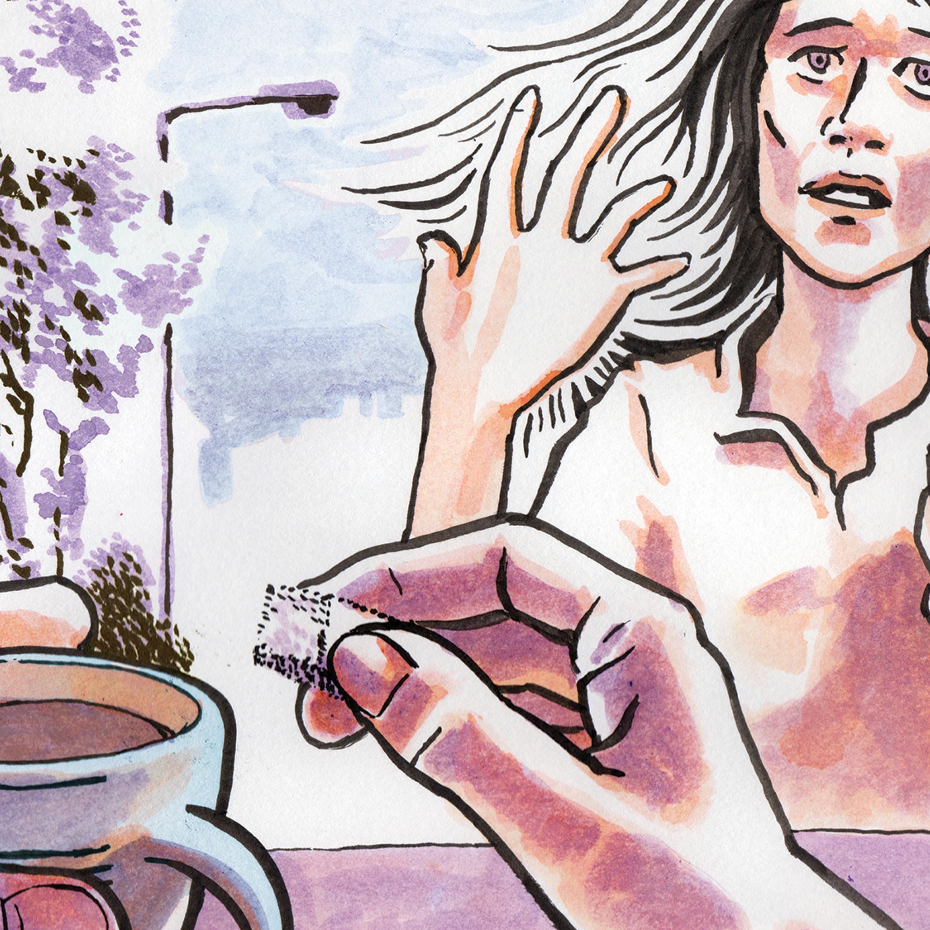 Ink cartoon drawing of a pair of hands with coffee foregrounding a woman looking pained holding a cup of coffee. Trees and a lamp-post in the background.