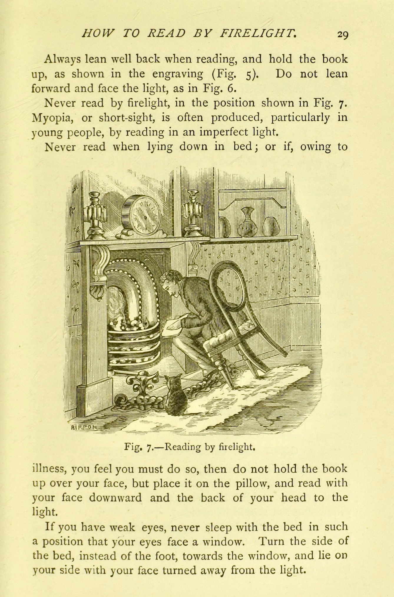 A page from a book titled 'How to Read by Firelight' . In the middle of the page is a line engraving of a smartly-dressed Victorian man with a moustache in a wealthy parlour. He is sittling on a dining chair that is tipued up onto its front two legs as he leans into a fireplace with an open book on his lap. A cat sits beside im on the hearth rug. Above and below the image is text giving advice on the best conditions for reading.