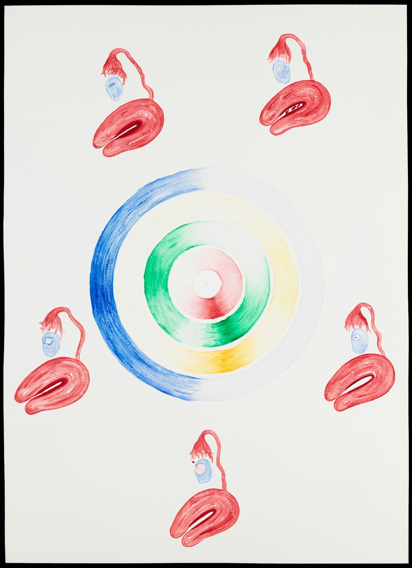 Painting showing the stages and relationship between events during a female menstrual cycle. The central disk reads clockwise from the top, starting at day 1 of the cycle. The levels of each of the four main hormones are represented by the four coloured discs. Red = follicle stimulating hormone, green = oestrogen, yellow = lutinizing hormone and blue = progesterone. The intensity of each colour denotes the concentration of the hormone in the blood. The five surrounding illustrations show the corresponding changes in the ovary and the lining of the uterus (endometrium) as it prepares for potential pregnancy.