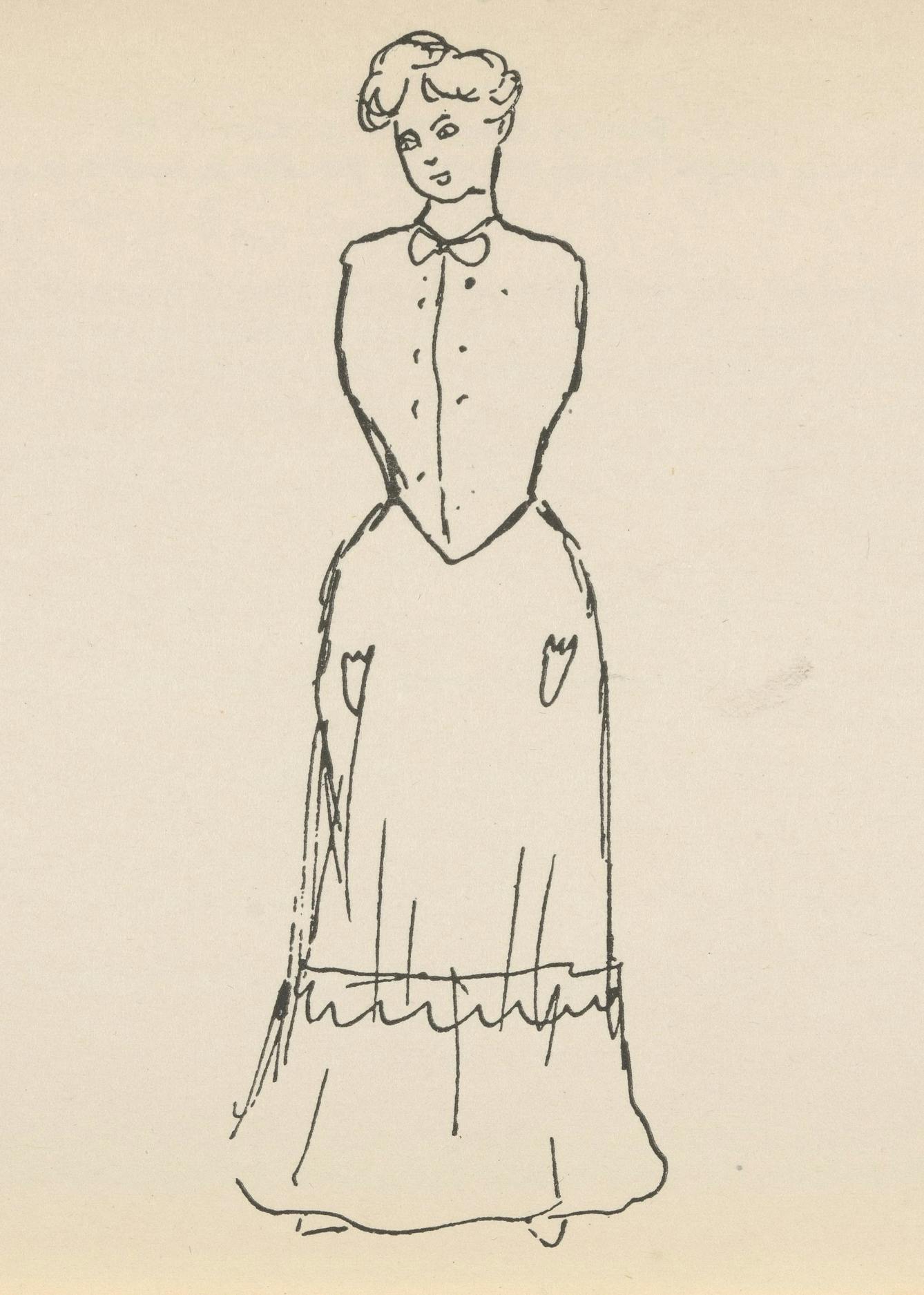 Black and white line drawing showing a woman with some limbs missing.