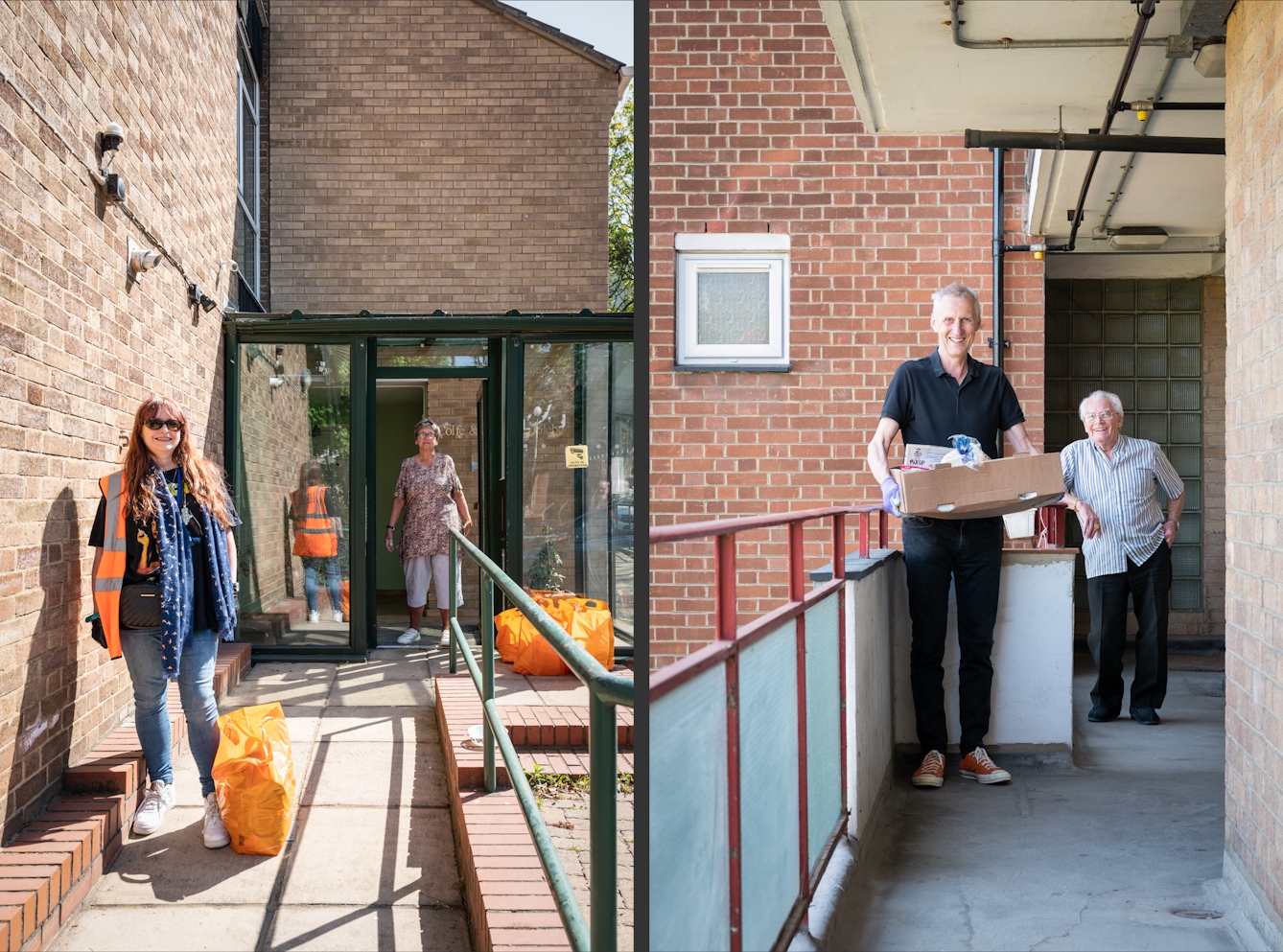 Photographic diptych. The image on the right shows a woman in a high-vis vest standing on the entrance path to sheltered accommodation building. At her feet is a bag of food shopping. In the background by the entrance door is a woman, stood by several bags of food shopping.  In the image on the right a man holding a cardboard box containing food stands on the walkway of a block of flats. In the background an older man leans against the handrail, smiling to camera.