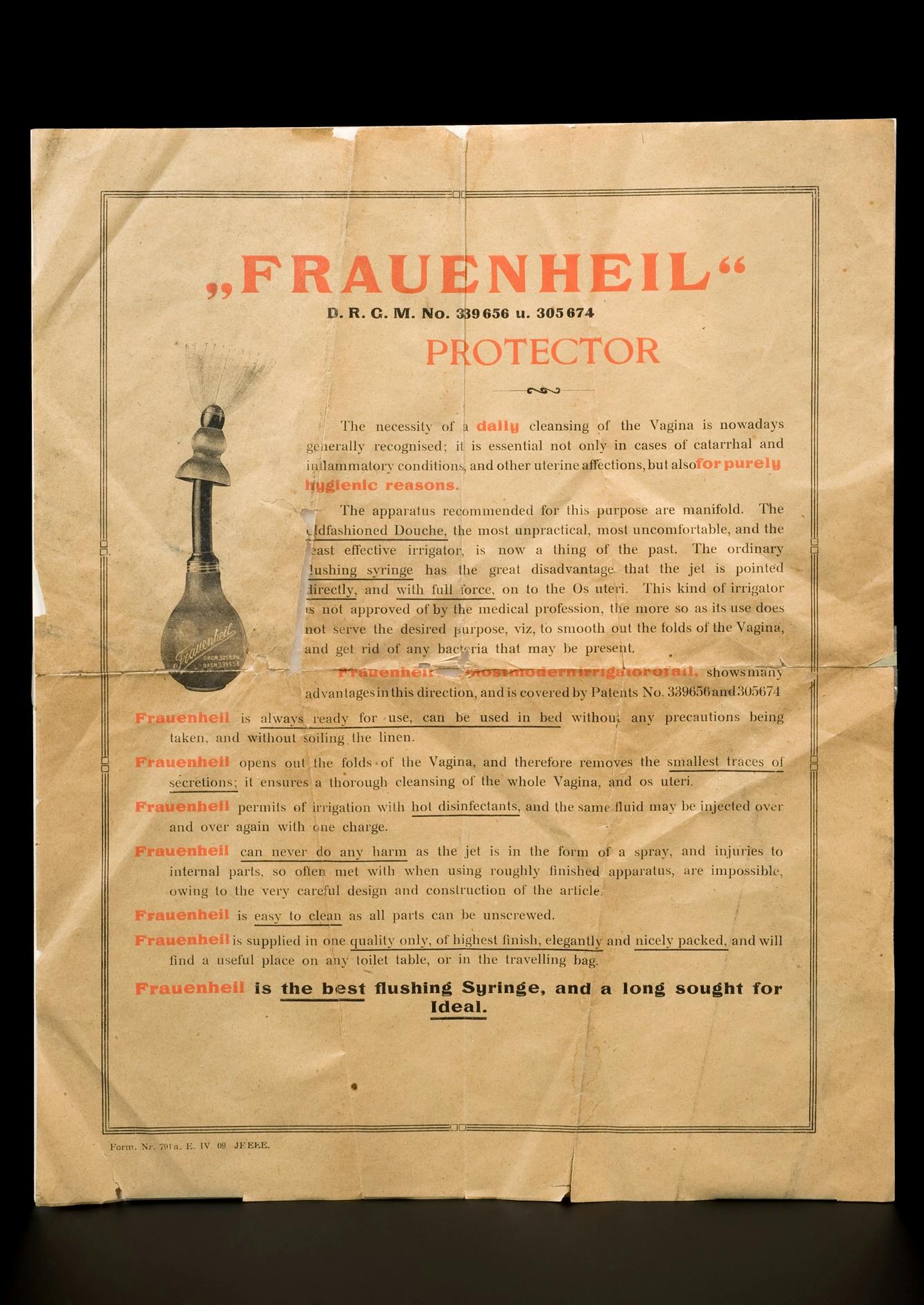 Photograph of a leaflet about the Frauenheil douche, Europe, 1895-1905, written in the early 1900s. "Frauenheil is the best flushing Syringe, and a long sought for Ideal". 