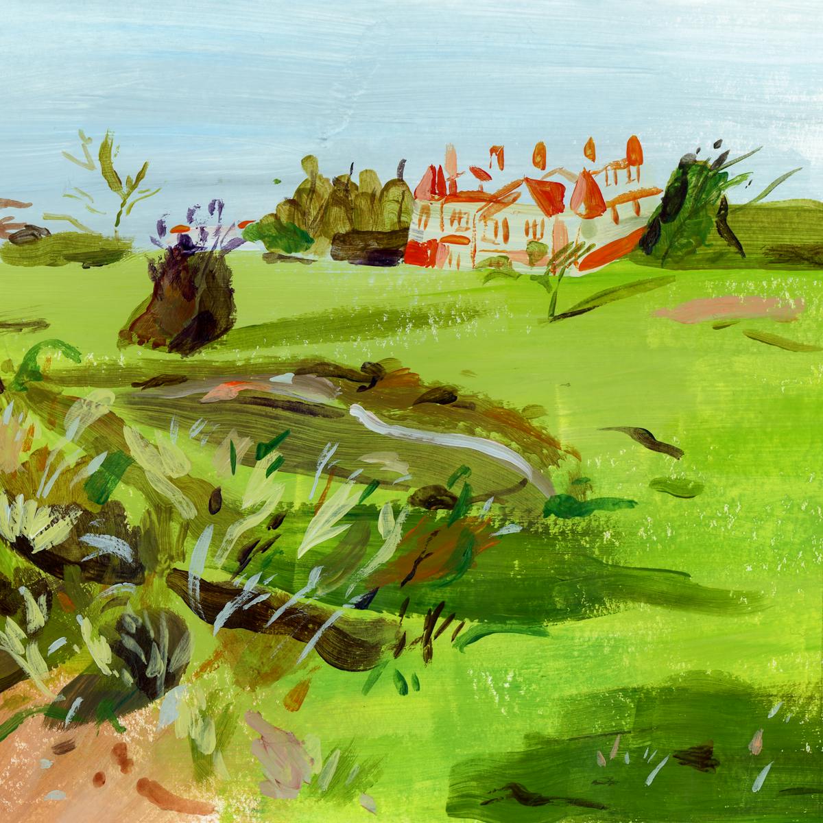 Painted artwork made with broad brushstrokes and impressionistic representational marks. The scene shows a coastal landscape with a sandy shorefront in the bottom left sweeping round across green grassland, peppered with shrubs and trees, to a red brick, pitched roof building in the top right distance. Surrounding the land is the blue of these and sky, merged together in continuous tone.