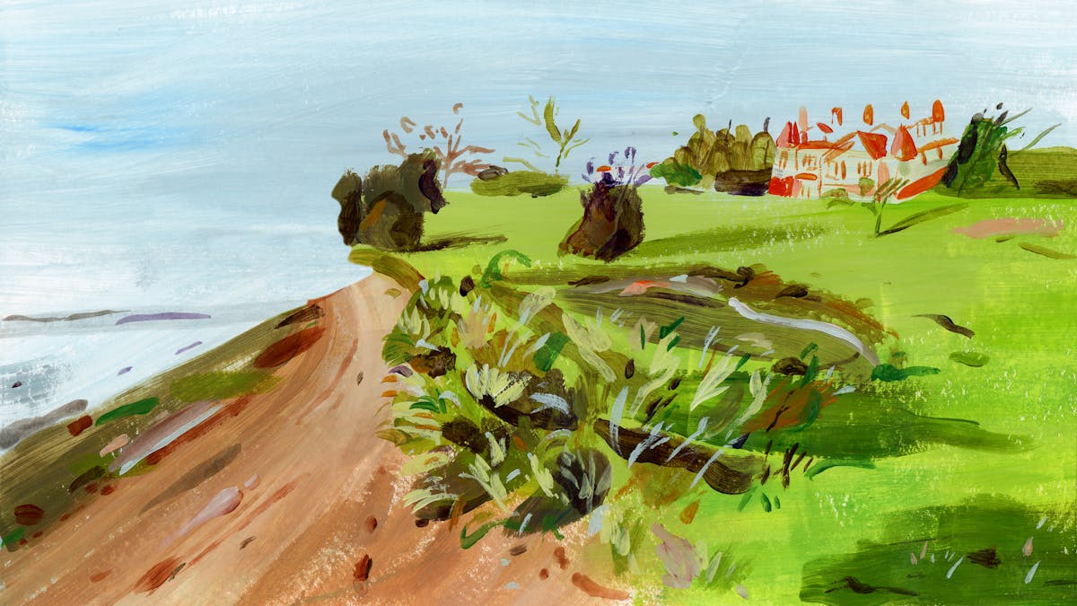 Painted artwork made with broad brushstrokes and impressionistic representational marks. The scene shows a coastal landscape with a sandy shorefront in the bottom left sweeping round across green grassland, peppered with shrubs and trees, to a red brick, pitched roof building in the top right distance. Surrounding the land is the blue of these and sky, merged together in continuous tone.