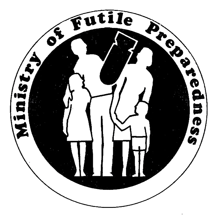 A logo of a family and a bomb bearing the words 'Ministry of futile preparedness'
