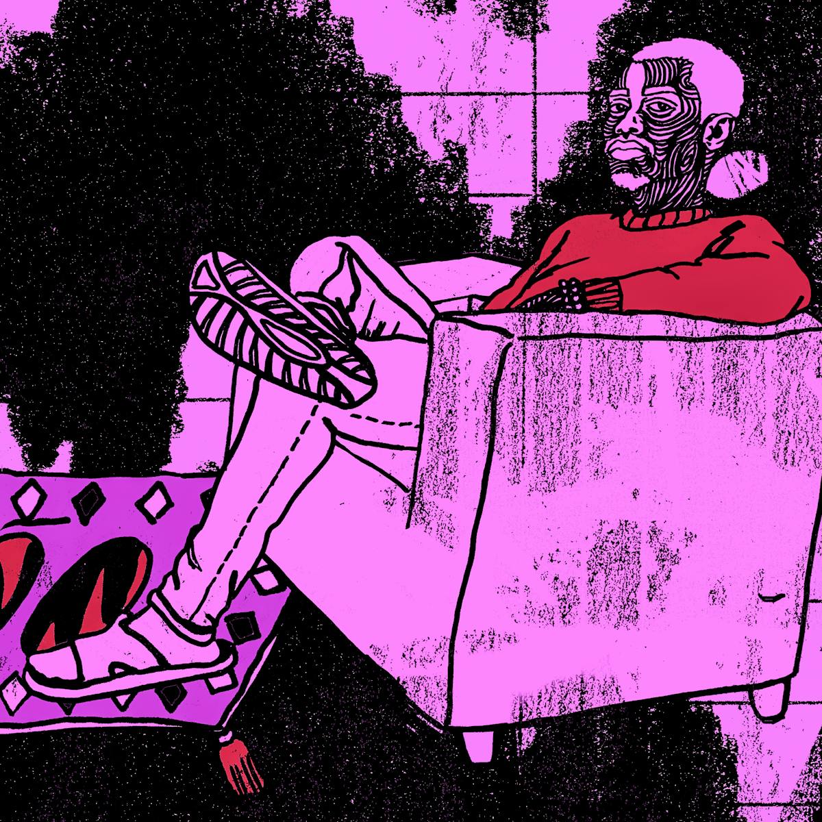 Illustration in black, purple and red tones, showing a person sitting in an armchair in a room. At their feet is a ruckled rug with things hidden under it. To the left is a small bookcase and house plant.
