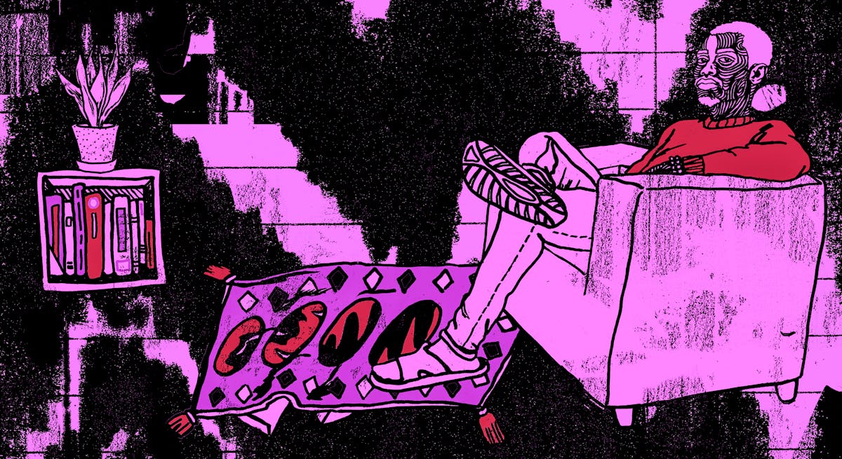 Illustration in black, purple and red tones, showing a person sitting in an armchair in a room. At their feet is a ruckled rug with things hidden under it. To the left is a small bookcase and house plant.