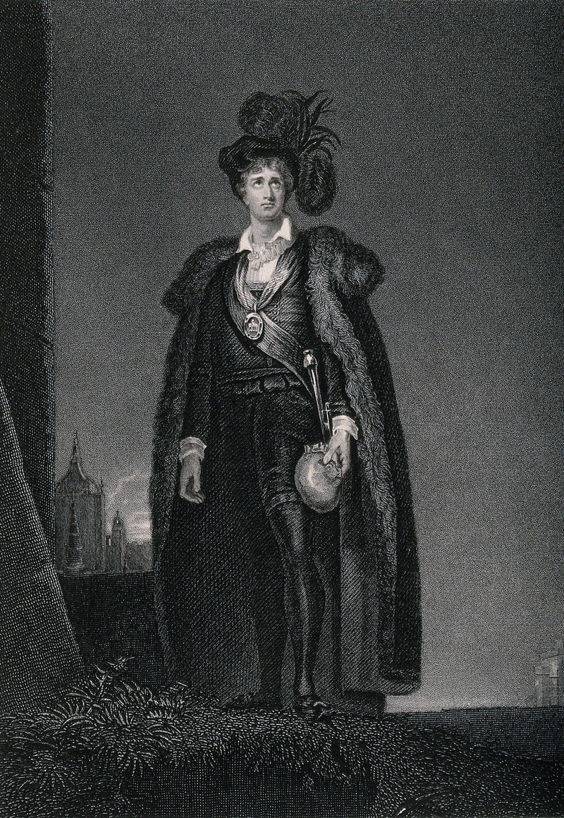 Black and white engraving of young man in an elaborate costume looking up, featuring a plumed hat and fur-lined cape.