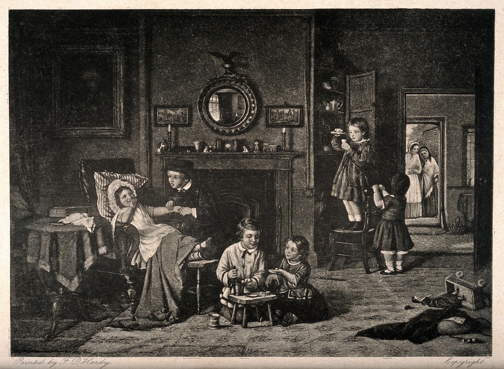 Dark drawing of a group of children playing at being doctors and pharmacists, mother and grandmother approach through a door. 