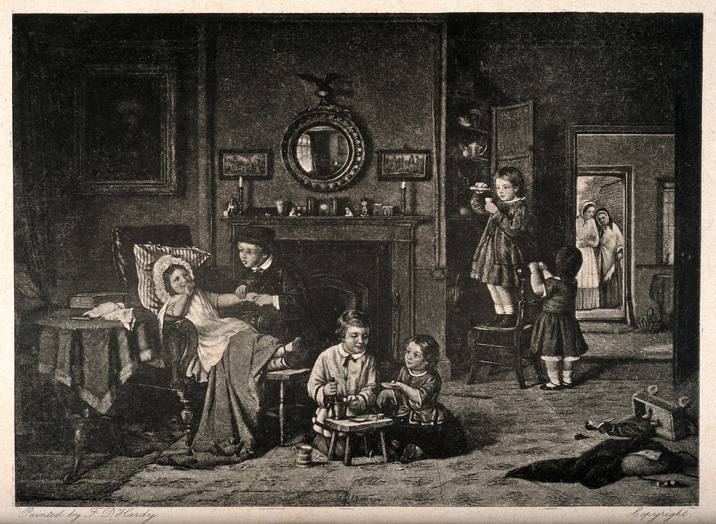 Dark drawing of a group of children playing at being doctors and pharmacists, mother and grandmother approach through a door.