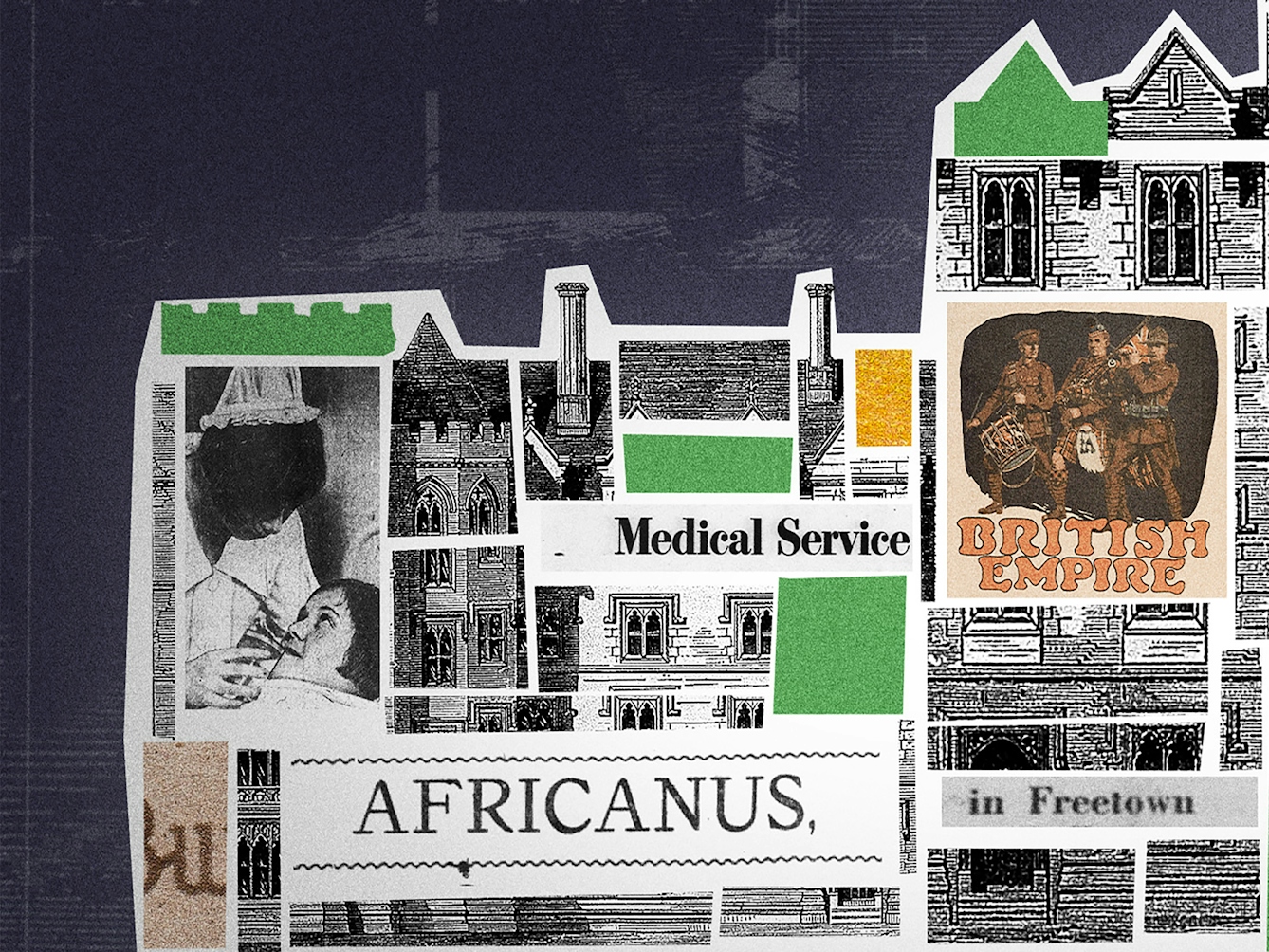 Crop from a larger digital collage. Shown is a building, labelled 'The London University'. The building's interior is filled with different collage elements, including newspaper cut-outs reading 'Africanus', 'Medical Service' and 'in Freetown'. Also shown in the building is an image of Kano (a city of Nigeria), images of the Bauchi Highlands, and a map of Nigeria.