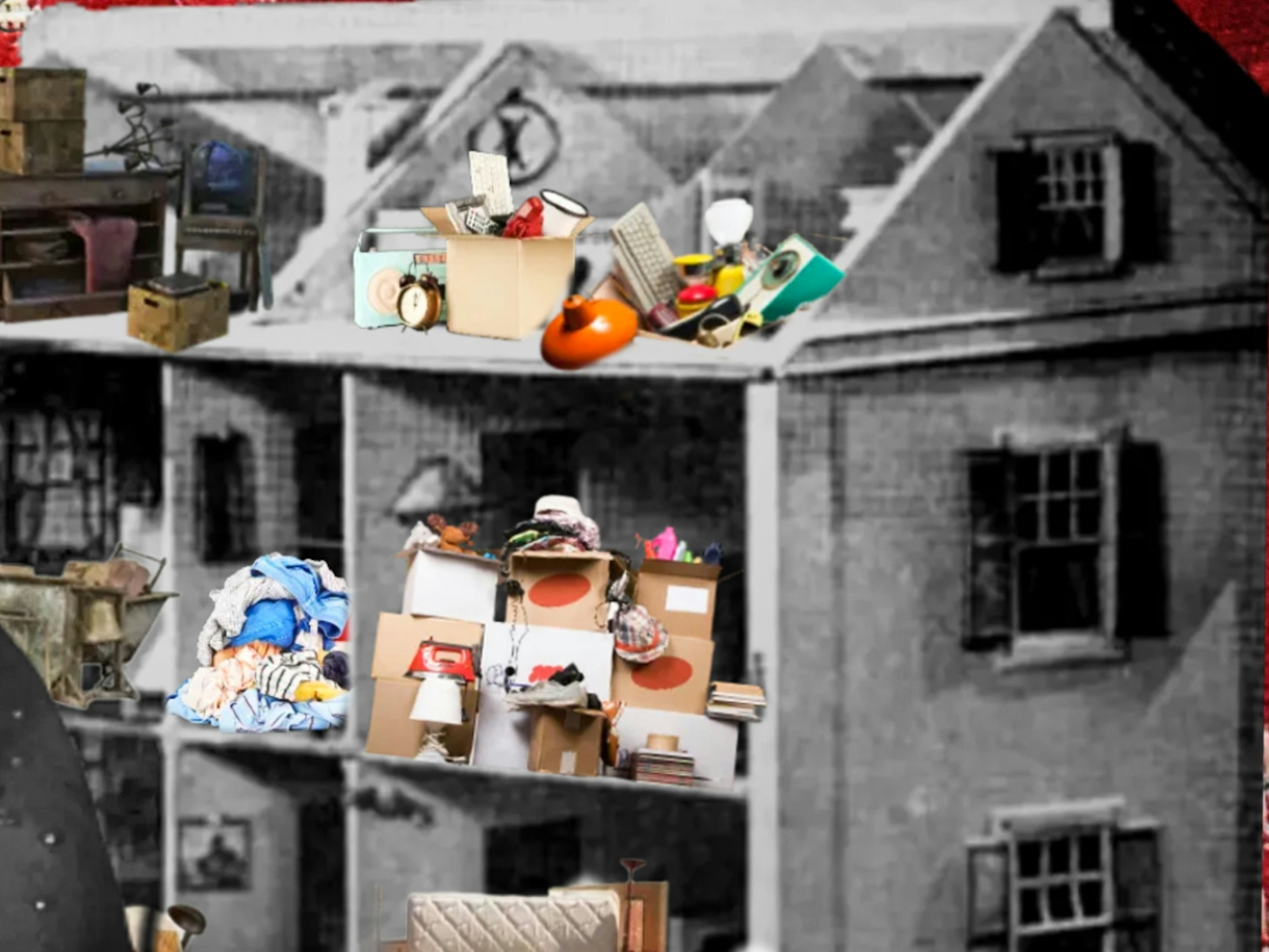 Crop of a colourful digital collage. In the foreground is a black and white photograph cut-out of an elderly woman looking downwards. A bobby pin pulls back the grey hair around her right ear. She is wearing a flowery embroidered shawl. Behind the elderly woman and within her eye line is a black and white cut out of a three story toy dollhouse. The walls and roof of one side of the dollhouse have been removed, exposing the interior of the house. Inside the dollhouse in the different rooms there are many small, colourful cut outs of household objects and furniture, including an alarm clock, wooden chests of drawers, filled cardboard boxes, piles of books and bed sheets. The objects are stacked on top of each other messily, forming many piles. The background is a photograph of a red and white floral print.