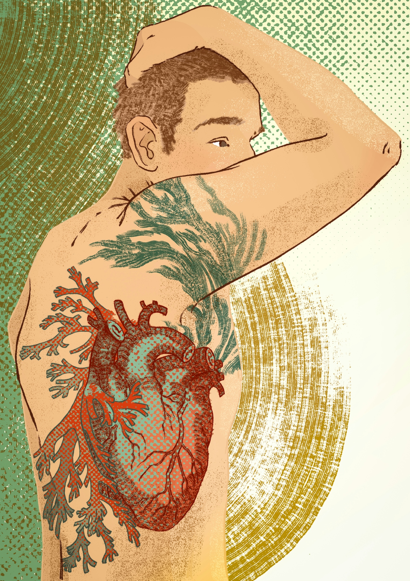 Digital colour artwork showing the bare torso of a man. He is viewed from the right hand side and is holding his right arm up over his head, obscuring part of his face. On his side, back and arm is a colourful tattoo-like illustration of an anatomical drawing of a human heart set with flame-like decorative motifs. The tattoo is made up of red and bluey green tones. Behind the figure are abstract circular and half-tone printed background patterns in yellows and greens.