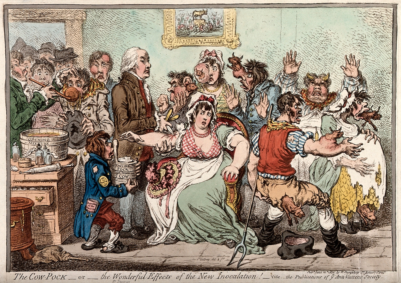 Edward Jenner inoculating patients in the Smallpox and Inoculation Hospital at St. Pancras. The patients are shown comedically sprouting cow heads from various parts of their anatomy following the vaccination. 
