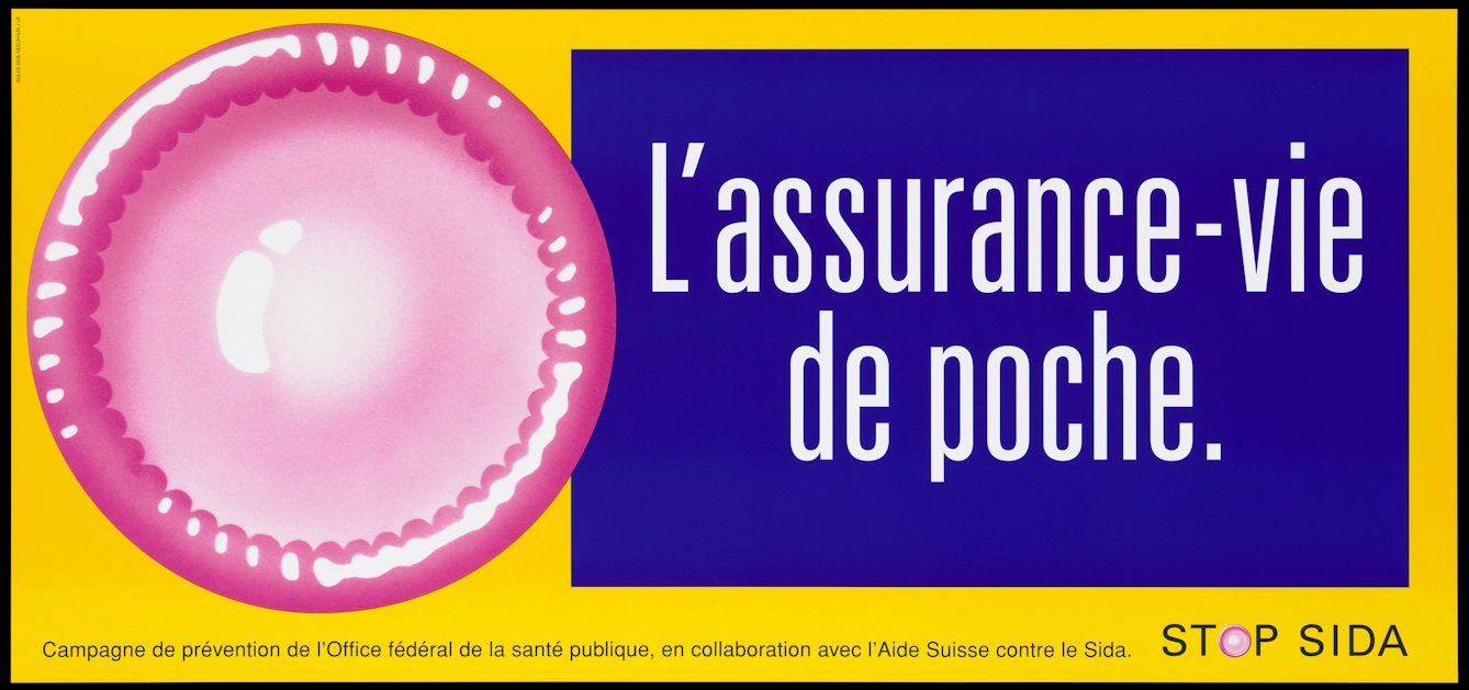 A large pink condom with a message in white lettering against a blue background associating condoms to 'pocket life-insurance'; French version of a series of 'Stop SIDA' [Stop AIDS] campaign posters by the Federal Office of Public Health, in collaboration with the l'Aide Suisse contre le SIDA. Colour lithograph.