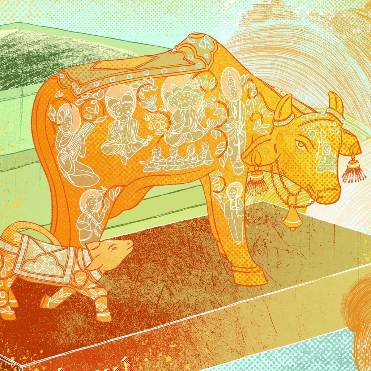 A digital illustration of Kamadhenu (the divine bovine goddess) depicted as a cow standing on packs of Amul butter, with swirls of butter in the background. Kamadhenu and her calf have illustrations of Hindu goddesses and other religious symbols painted on their hides.