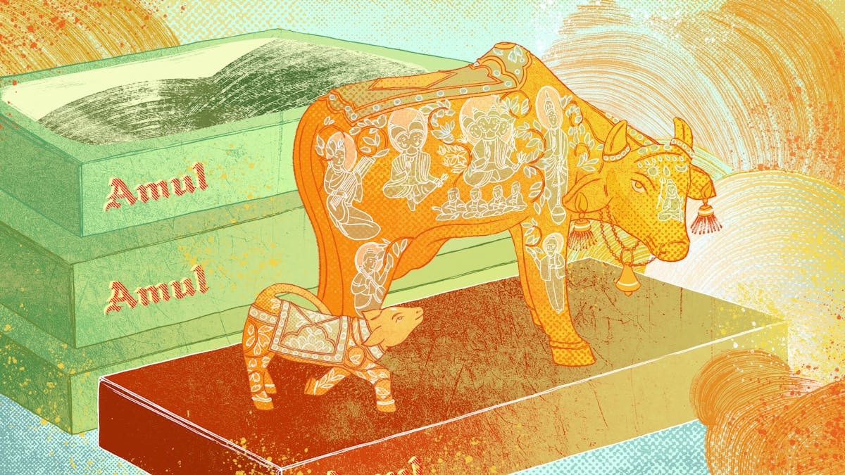 A digital illustration of Kamadhenu (the divine bovine goddess) depicted as a cow standing on packs of Amul butter, with swirls of butter in the background. Kamadhenu and her calf have illustrations of Hindu goddesses and other religious symbols painted on their hides.