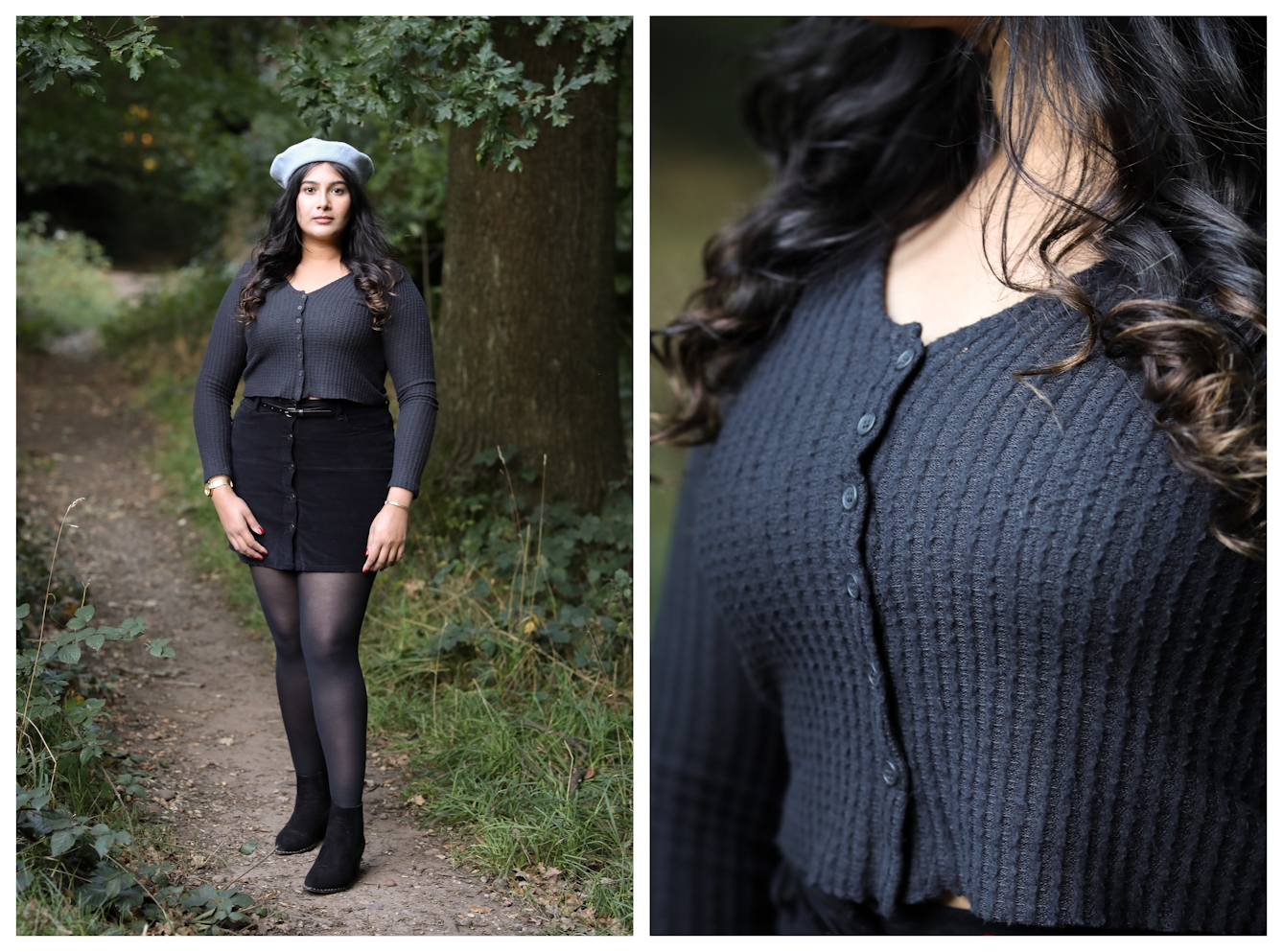 Photographic diptych. The image on the left shows a full length view of a woman who is wearing dark blue knitted top with buttons down the front, a thy length black skirt, dark tights and light blue beret. She is standing looking straight at the camera, with her hands by her side, left foot slightly in front of the other. In the background can be seen a dark park or woodland scene with a footpath disappearing into the distance. On either side of the path is green vegetation and tree trunks. The image on the right shows a close-up of the same woman in the same dress, concentrating on her torso which is slightly angled to the camera.