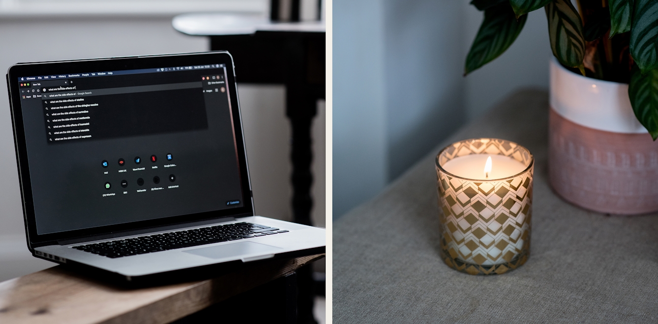 Photographic diptych. The image on the left shows a laptop open on a tabletop. On the screen is a web browser window with several searches for medical conditions listed. The image on the right show a lit scented candle next to a pot plant.