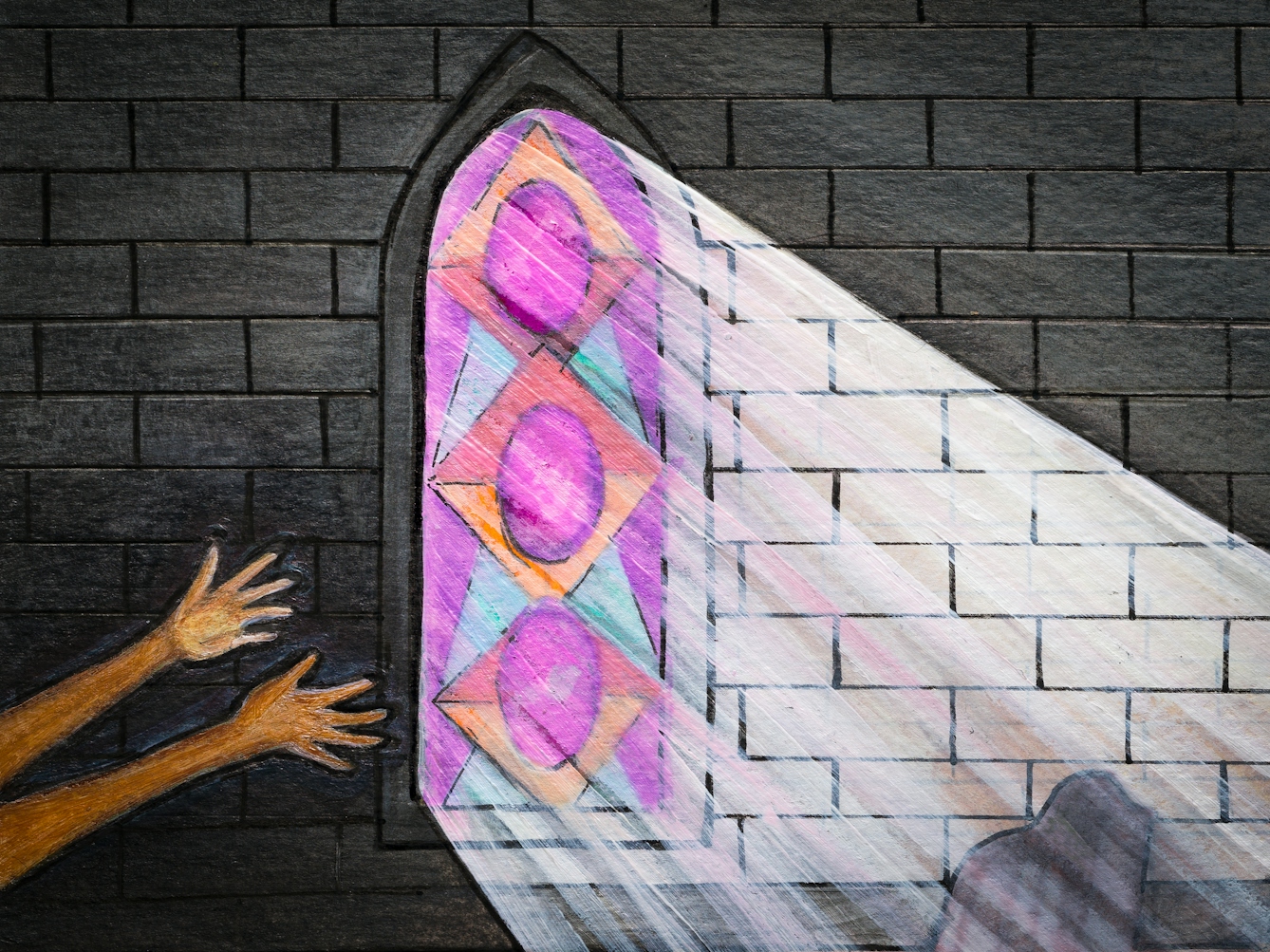 Detail from larger colourful artwork made with paint and ink on textured watercolour paper. The artwork shows a scene in a church with a shaft of light streaming in through an arch shaped purple patterned stained glass window in the grey brick wall behind. On the left side a pair of arms reach into the scene, hands and fingers outstretched. 