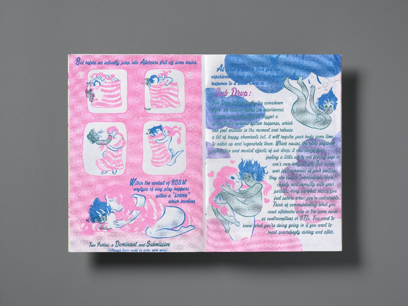 A brightly coloured pink and blue double page spread from the comic-zine 'Aftercare...'. The page on the left illustrates a 'scene' in BDSM sexual practice. The page on the right describes the phenomenon of 'sub drop' which is an emotional 'low' that can occur after a BDSM 'scene'. Behind the text is an image of a naked figure falling from a cloud and being caught in the arms of another figure lower down the page.