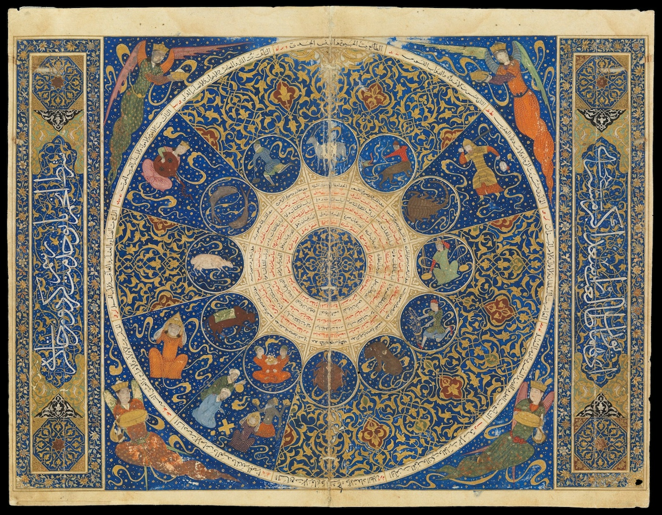 Image of colour manuscript in gold and blue, representing a horoscope. Large circle is in the middle with smaller circles in the centre. Inside these are symbols representing the signs of the zodiac.