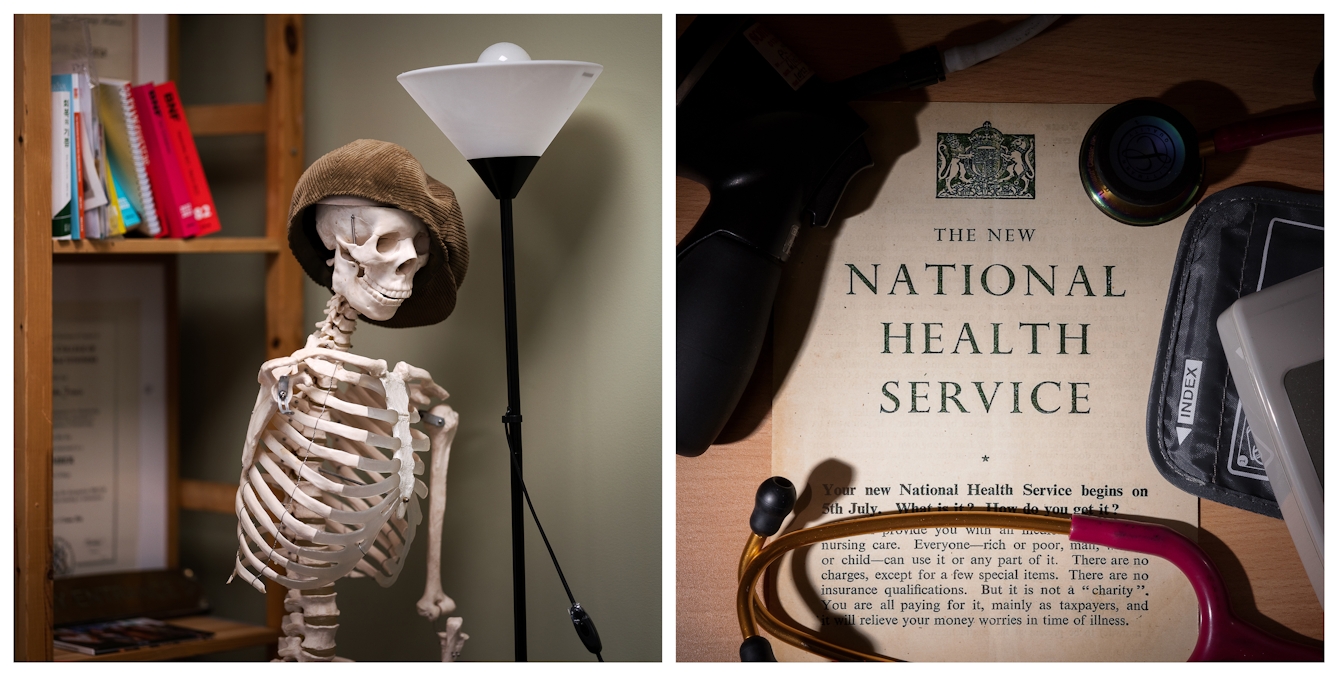 Photographic diptych. The left image show a replica skeleton wearing a hat next to a book shelf and lamp stand. The right image shows a collection of medical implements including a stethoscope resting onto of a sheet of printed paper bearing the title, "The New National Health Service".