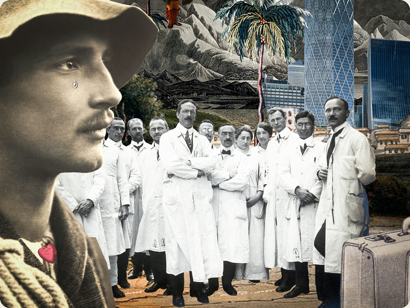Artwork using collage. The collaged elements are made up archive material which includes vintage photographs, etchings, painted illustrations, lithographic prints and line drawings. This artwork depicts the head of a man on the far left who looks a little like an explorer with a rope over his shoulder and a hat on his head. A tear falls from his eye. Next to him stands a group of doctors all wearing white knee length lab coats. Next to them is a suitcase. The man wears a small red heart around his neck. In the distance plan trees, mountains and tall glass and metal skyscrapers can be seen.