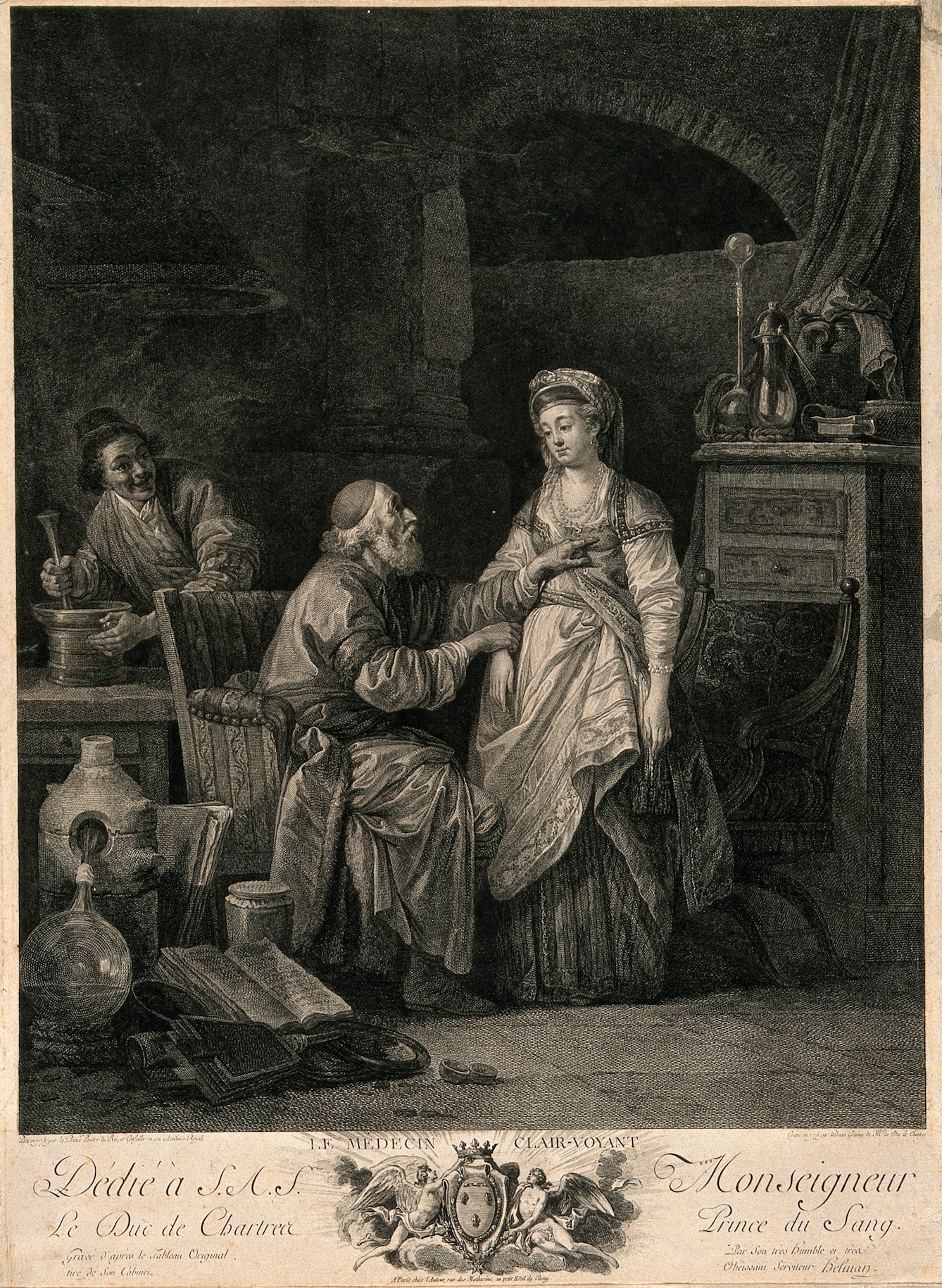 Black and white engraving showing an old physician taking a young woman's pulse and pointing to her heart, implying that she is suffering from lovesickness. In the background, the physicians' assistant is grinning and mixing a concoction.