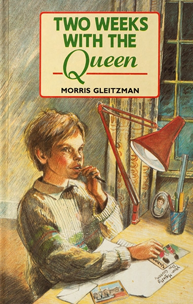 Book cover showing a boy sitting at a desk chewing a pen whilst writing a letter that begins "Your Majesty The Queen"