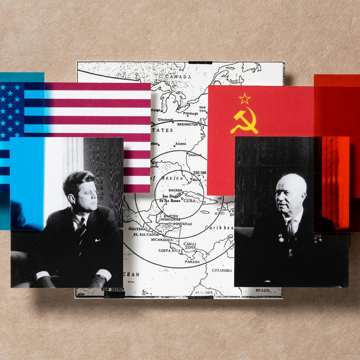 Colour photograph of 5 prints resting on a textured beige paper background. The prints are raise up slightly casting a shadow. The images are slightly overlapping. The prints on the left show the American flag and a portrait of JF Kennedy. In the centre is a map centred on Cuba with missile range rings radiating out. The prints on the right show the Russian flag and a portrait of Nikita Khrushchev. Floating above the prints are 2 rectangles of transparent red and blue gel which give a red and blue tone to the image beneath and cast a soft diffused red and blue shadow.