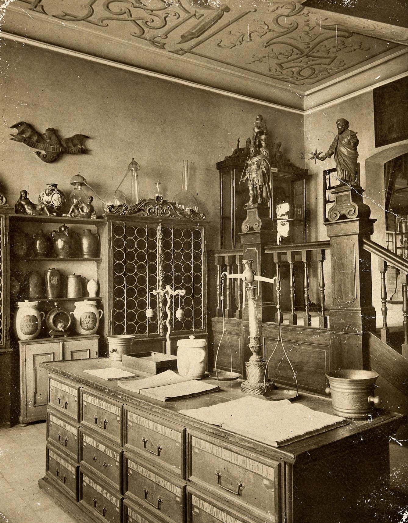 The interior of a seventeenth-century apothecary's shop recreated for the German National Museum in Nürnberg