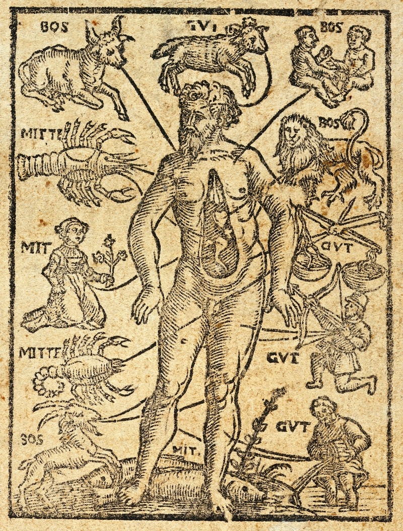 Sepia paper printed with picture of a naked man surrounded by the signs of the zodiac.
