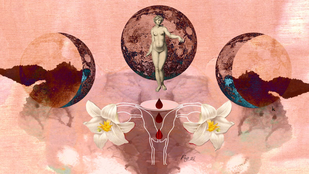 Mixed media digital collage on a pink textured fabric and watercolour background.  At the centre in the background are three phases of the moon, where from left to right it shows a waxing crescent, a full moon and a waning crescent. Overlaid in the centre is an etching of a naked woman as she stares at the viewer.  Below her is a line drawing of the female reproductive system with two lilies replacing the ovaries.  Drops of blood run through the line drawing.