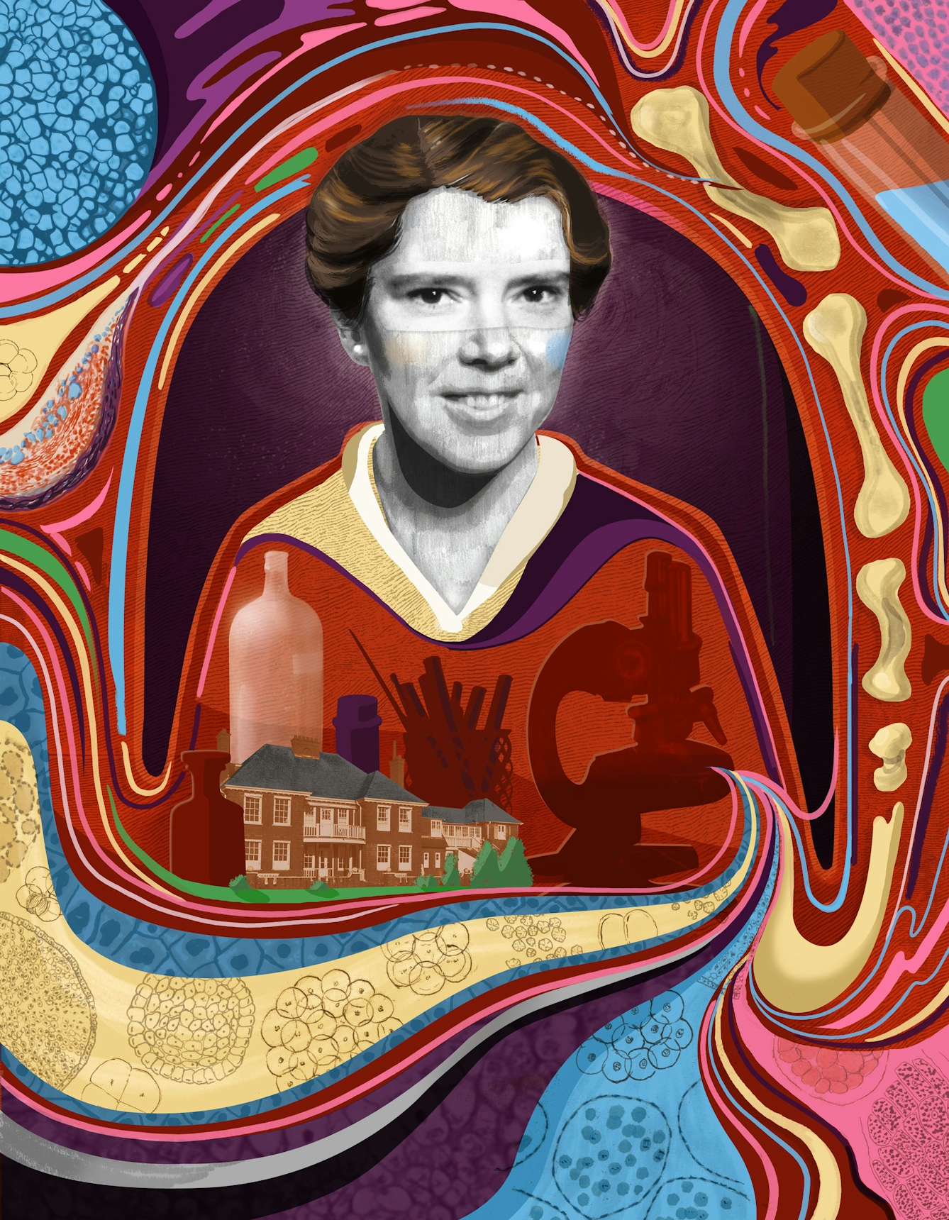 Illustration of Honor Fell, showing Strangeways laboratory and various laboratory equipment in the space where her torso would be. She is surrounded by swirling images of bones and illustrations of cells from her notebooks.