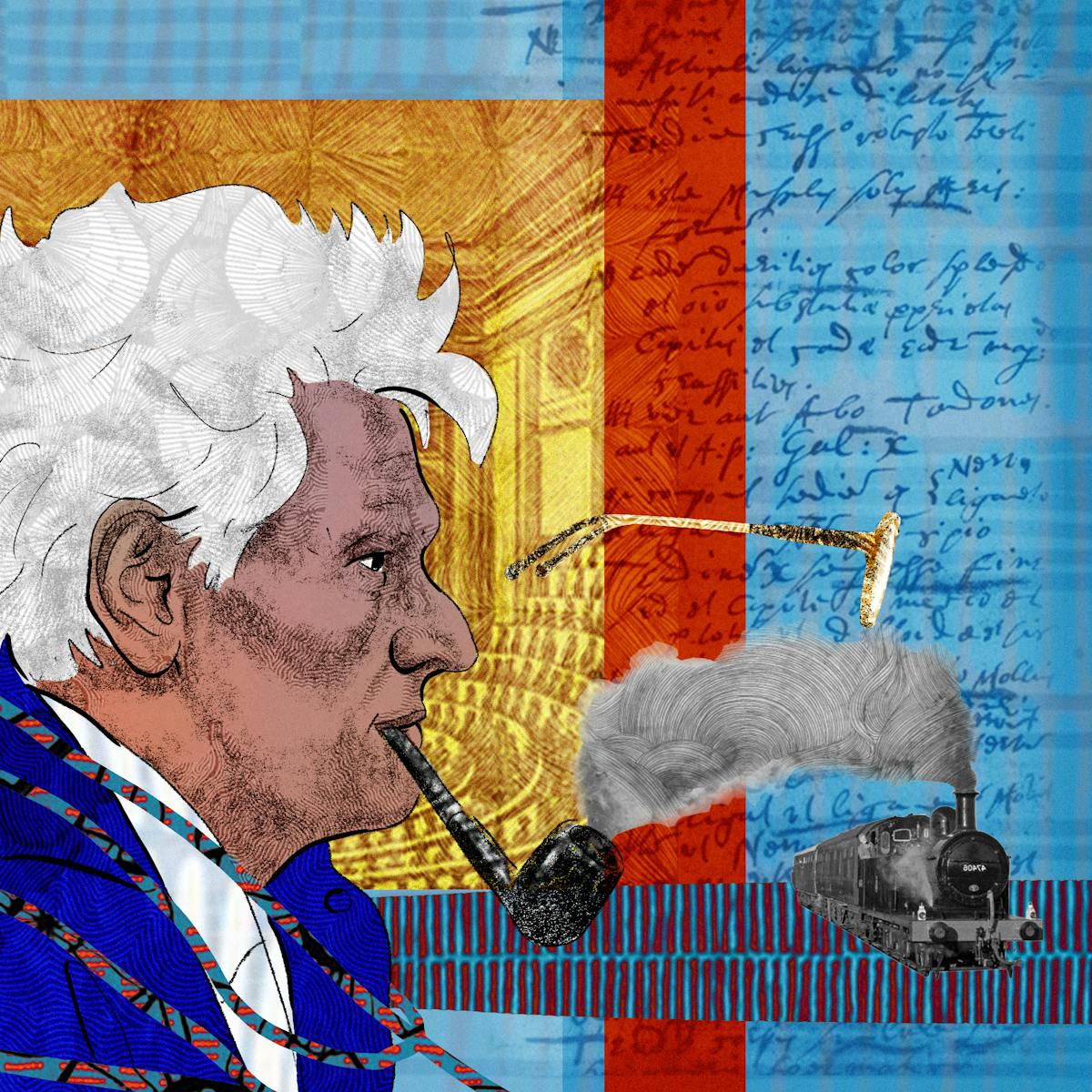 An abstract digital illustration featuring a head and shoulders portrait of a man in profile facing right, smoking a pipe, depicting the writer Jacques Derrida. To the left we see a female writing with a quill, depicting the diarist Alice James. In the background is a collage of handwritten notes and archive material depictions of a lecture theatre and x-rays. To the right are a floating pair of glasses and a steam train.