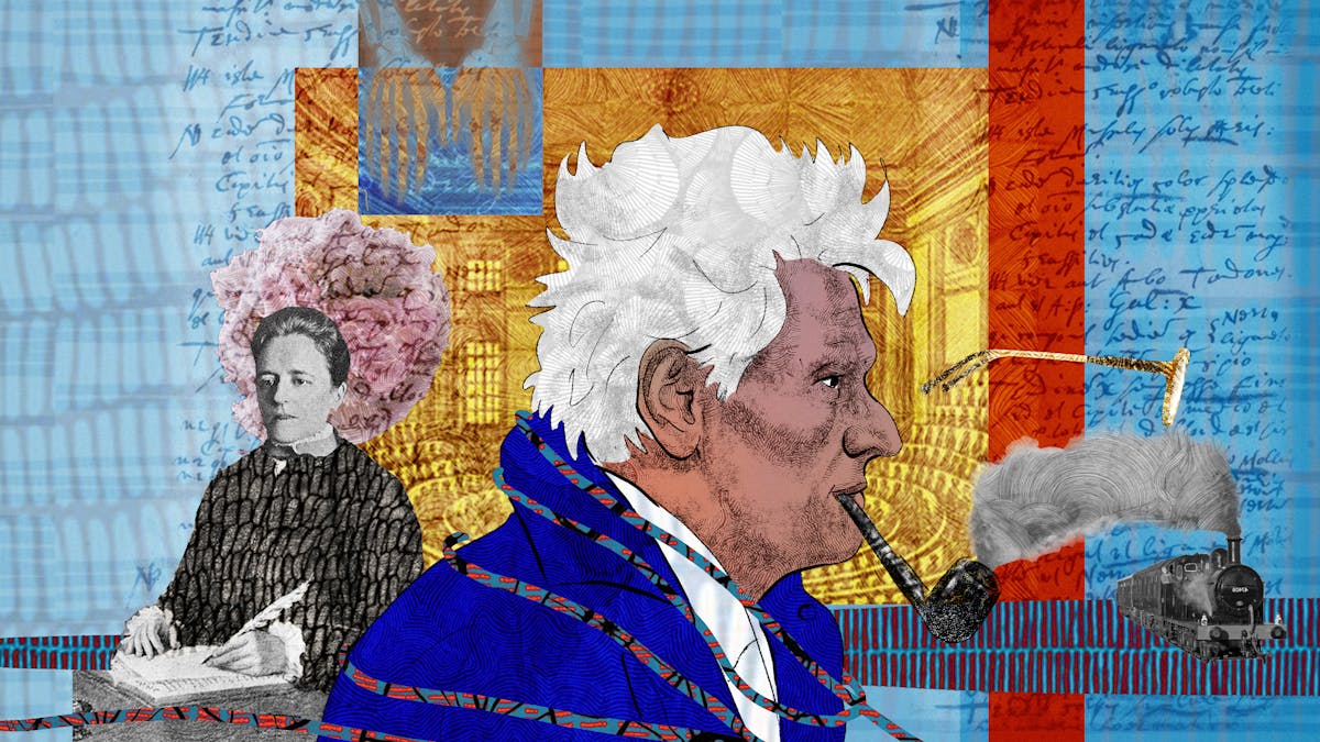 An abstract digital illustration featuring a head and shoulders portrait of a man in profile facing right, smoking a pipe, depicting the writer Jacques Derrida. To the left we see a female writing with a quill, depicting the diarist Alice James. In the background is a collage of handwritten notes and archive material depictions of a lecture theatre and x-rays. To the right are a floating pair of glasses and a steam train.
