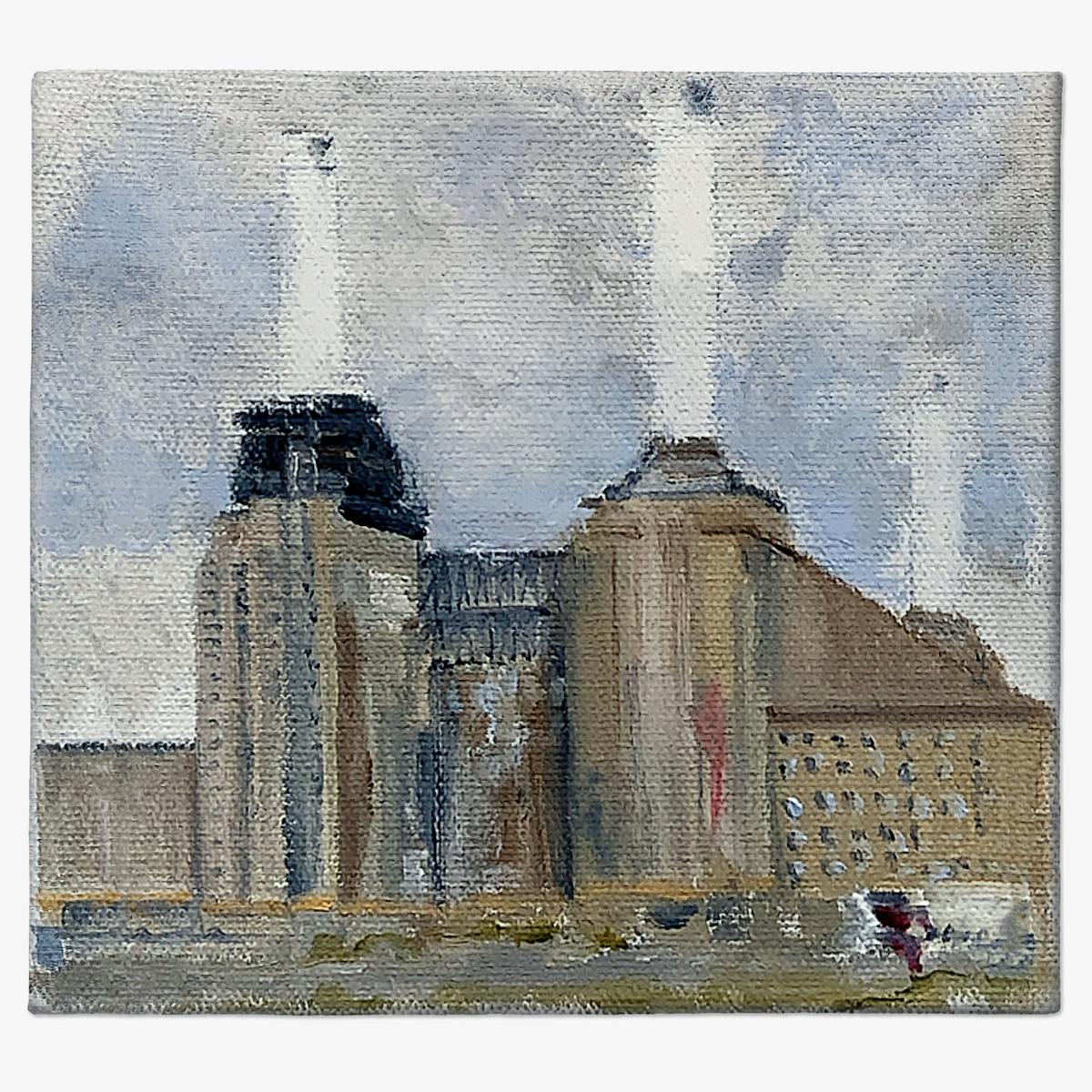 Photograph of a square oil on canvas painting. The painting has been created with bold, think, textured brush strokes in a semi-abstract manner. The scene depicted is of Battersea Power Station in London with its distinct tall white chimneys and rectangular brown brick construction. The scene shows the power station after having been decommissioned and shows signs of dilapidation. The sky behind the white chimney stacks is blue peppered with grey and white clouds.