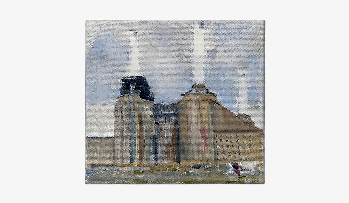 Photograph of a square oil on canvas painting. The painting has been created with bold, think, textured brush strokes in a semi-abstract manner. The scene depicted is of Battersea Power Station in London with its distinct tall white chimneys and rectangular brown brick construction. The scene shows the power station after having been decommissioned and shows signs of dilapidation. The sky behind the white chimney stacks is blue peppered with grey and white clouds.