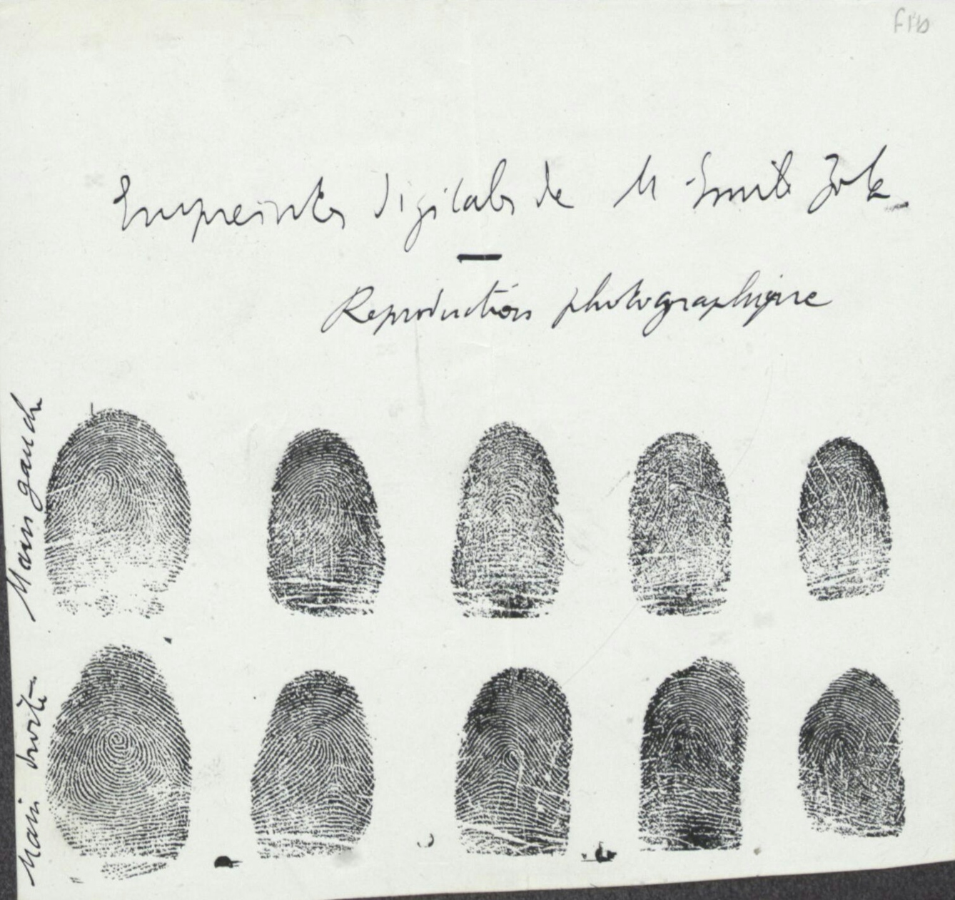 Black and white image showing Emile Zola’s fingerprints.
