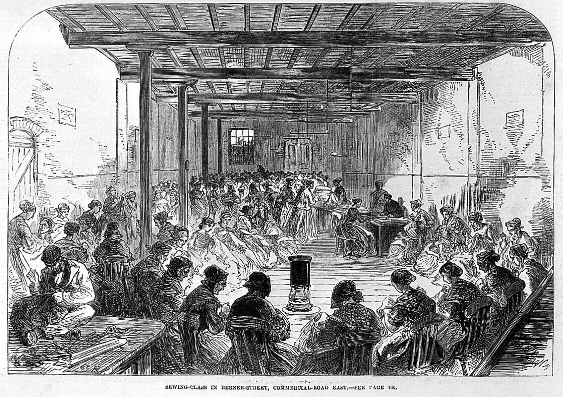 Black and white engraving showing many women in Victorian clothes sitting on wooden chairs stitching in a large bleak hall.